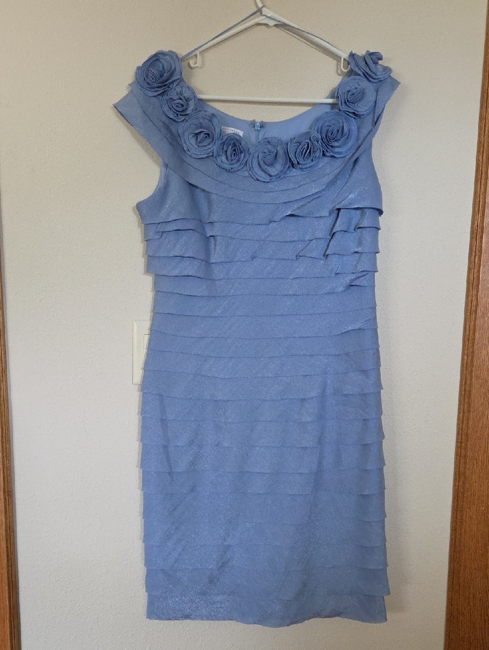 London Times Powder Blue Rosette Tiered Midi Dress